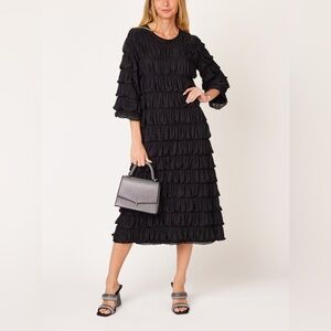 Boutique Dressy Modest Classy Cascade Ruffle Midi Dress Black